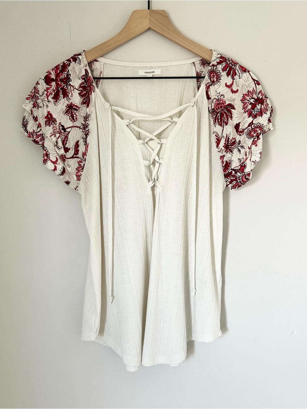 Maurices Women’s Lace-Up Top with Red Floral Flutter Sleeves